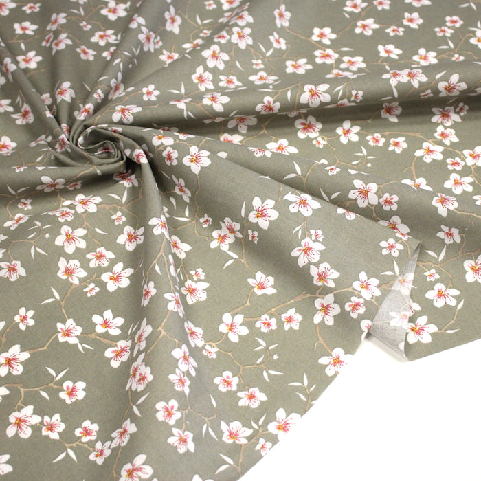 Tissu coton taupe aux fleurs d'amandier - OEKO - TEX STANDARD 100 - TissusPapi.com