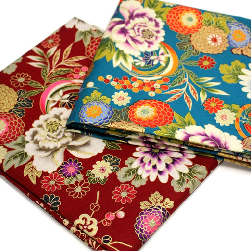 Tissu coton motif japonais aux fleurs dorées, fond bleu ou rouge - COLLECTION JAPON DORÉ - TissusPapi.com