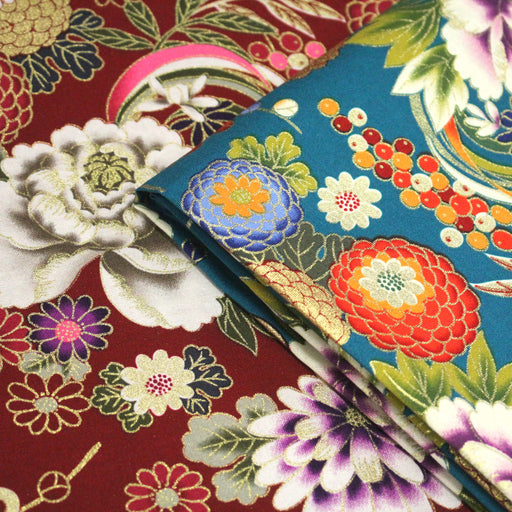 Tissu coton motif japonais aux fleurs dorées, fond bleu ou rouge - COLLECTION JAPON DORÉ - TissusPapi.com