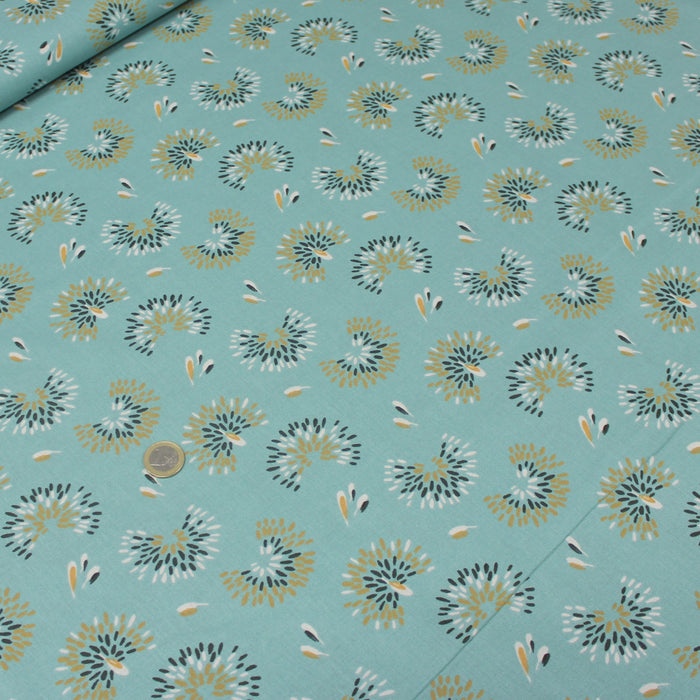 Tissu de coton aux fleurs de pissenlit, fond bleu vert - OEKO-TEX