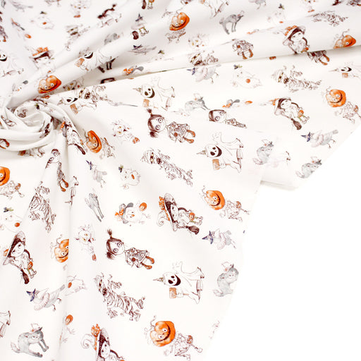 Tissu cotonnade HALLOWEEN, blanc aux personnages qui font peur, de fantomes et de momies - OEKO - TEX STANDARD 100 - TissusPapi.com