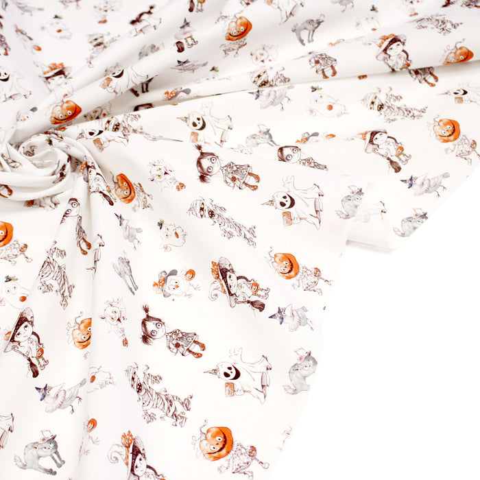 Tissu cotonnade HALLOWEEN, blanc aux personnages qui font peur, de fantomes et de momies - OEKO - TEX STANDARD 100 - TissusPapi.com