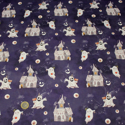 Tissu cotonnade HALLOWEEN, violet aux fantomes et manoirs hantés - OEKO - TEX STANDARD 100 - TissusPapi.com
