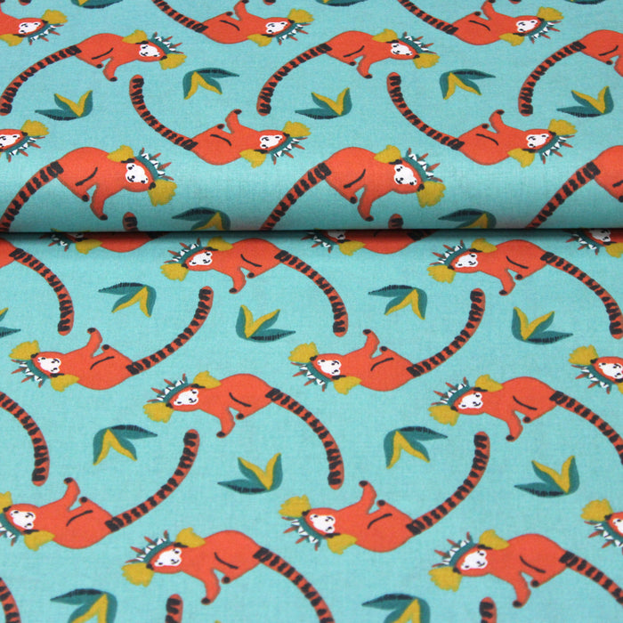 Tissu de coton les lémuriens, fond bleu - OEKO - TEX - TissusPapi.com