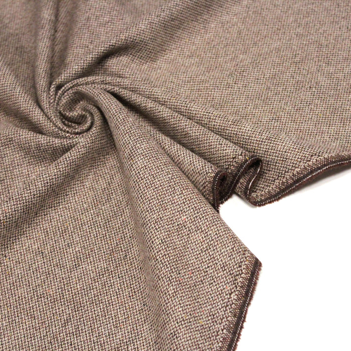 Tissu lainage faux - uni marron & écru, fins chevrons - Fabrication italienne - TissusPapi.com