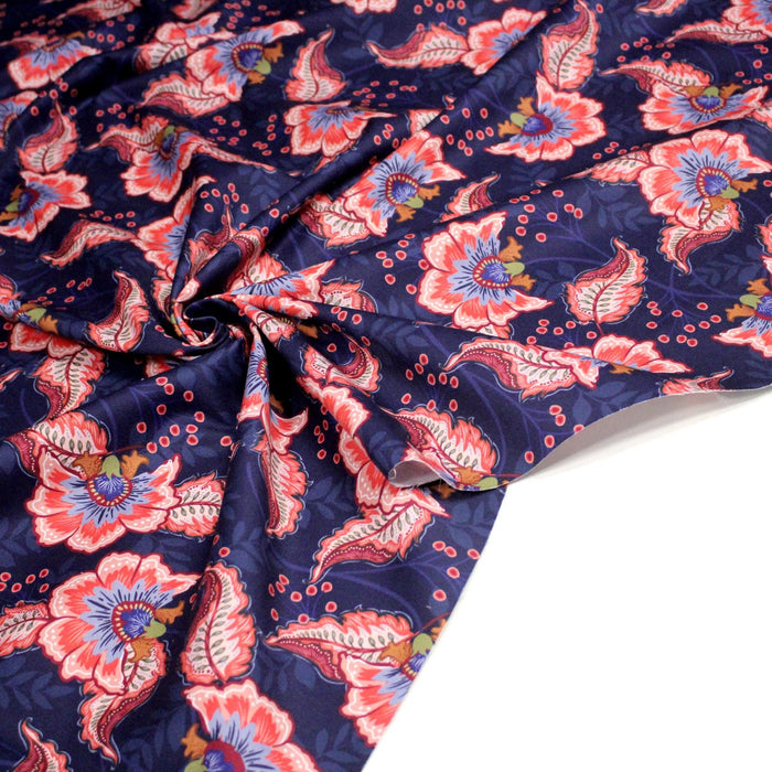 Tissu INDIENNES, gabardine coton imprimée fleurie colorée, fond bleu - OEKO - TEX - TissusPapi.com