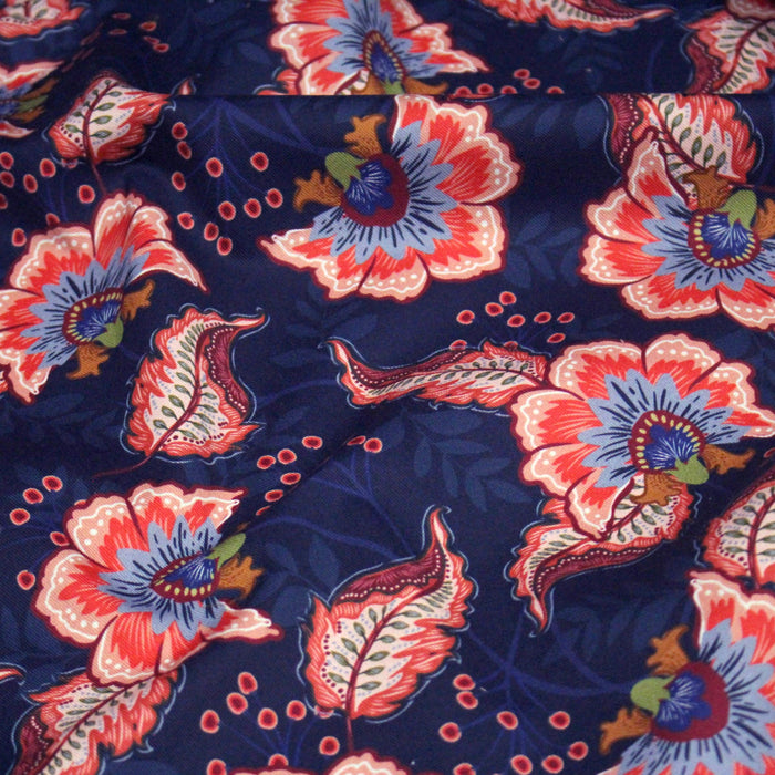Tissu INDIENNES, gabardine coton imprimée fleurie colorée, fond bleu - OEKO - TEX - TissusPapi.com