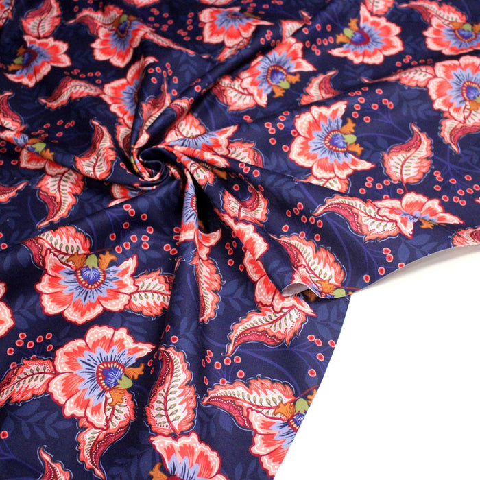 Tissu INDIENNES, gabardine coton imprimée fleurie colorée, fond bleu - OEKO - TEX - TissusPapi.com