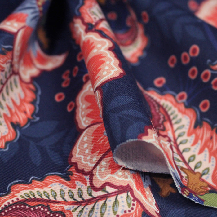 Tissu INDIENNES, gabardine coton imprimée fleurie colorée, fond bleu - OEKO - TEX - TissusPapi.com