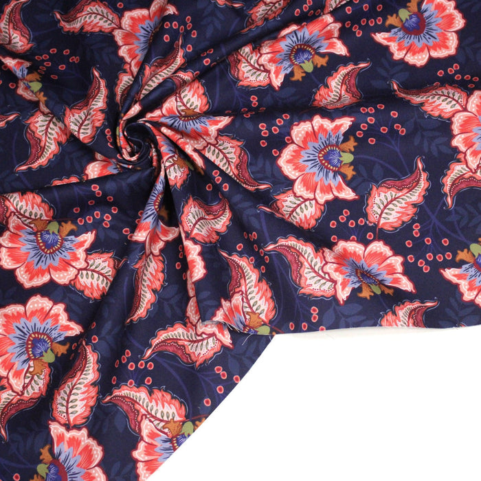Tissu INDIENNES, gabardine coton imprimée fleurie colorée, fond bleu - OEKO - TEX - TissusPapi.com