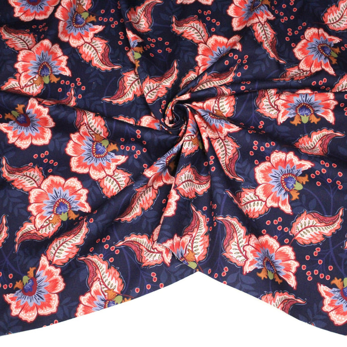 Tissu INDIENNES, gabardine coton imprimée fleurie colorée, fond bleu - OEKO - TEX - TissusPapi.com