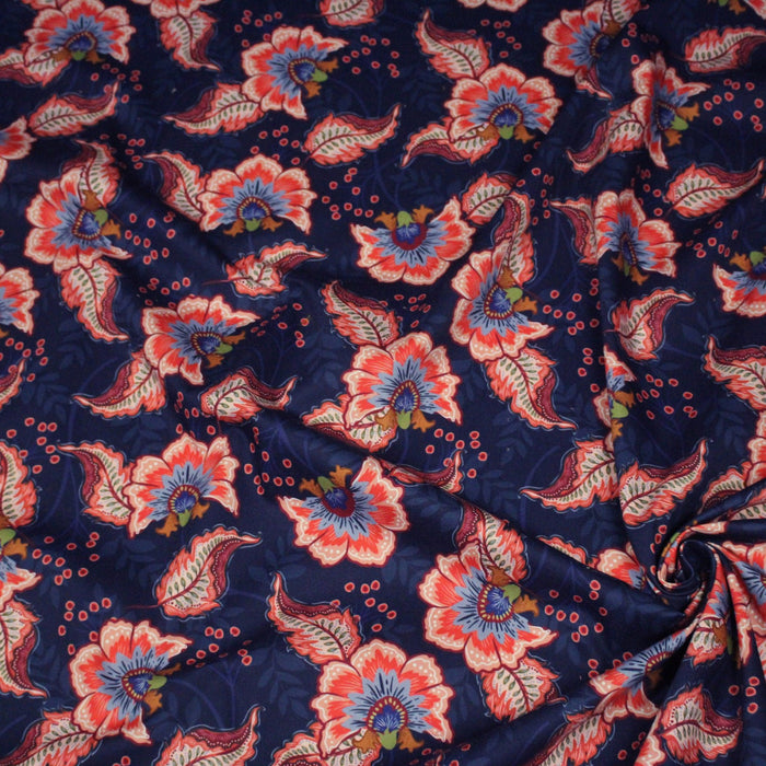 Tissu INDIENNES, gabardine coton imprimée fleurie colorée, fond bleu - OEKO - TEX - TissusPapi.com