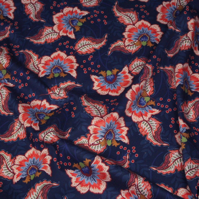 Tissu INDIENNES, gabardine coton imprimée fleurie colorée, fond bleu - OEKO - TEX - TissusPapi.com