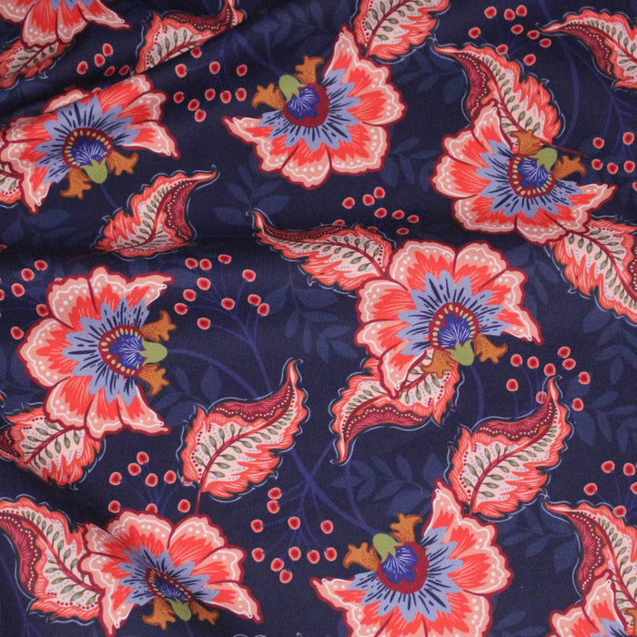Tissu INDIENNES, gabardine coton imprimée fleurie colorée, fond bleu - OEKO - TEX - TissusPapi.com