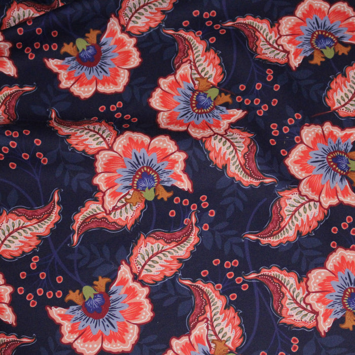 Tissu INDIENNES, gabardine coton imprimée fleurie colorée, fond bleu - OEKO - TEX - TissusPapi.com