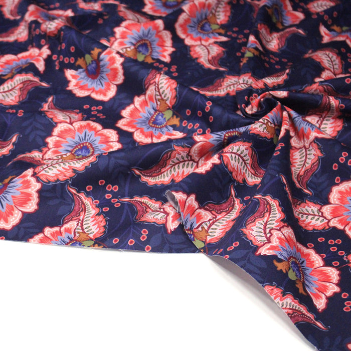 Tissu INDIENNES, gabardine coton imprimée fleurie colorée, fond bleu - OEKO - TEX - TissusPapi.com