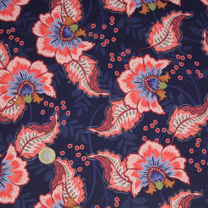 Tissu INDIENNES, gabardine coton imprimée fleurie colorée, fond bleu - OEKO - TEX - TissusPapi.com