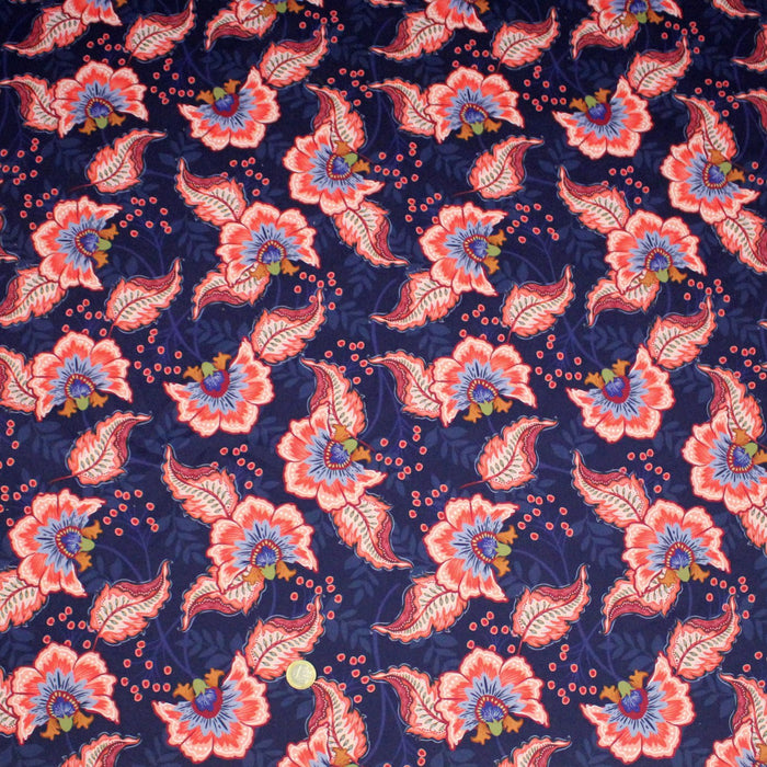Tissu INDIENNES, gabardine coton imprimée fleurie colorée, fond bleu - OEKO - TEX - TissusPapi.com