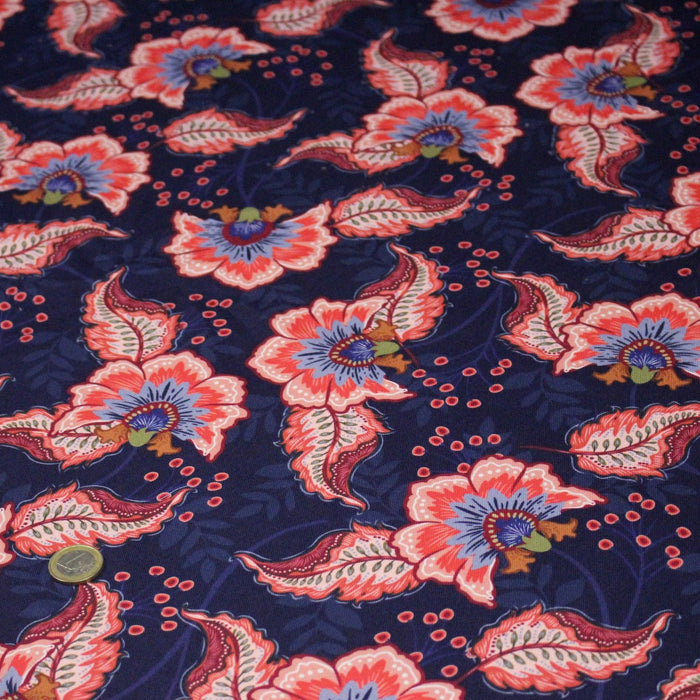 Tissu INDIENNES, gabardine coton imprimée fleurie colorée, fond bleu - OEKO - TEX - TissusPapi.com