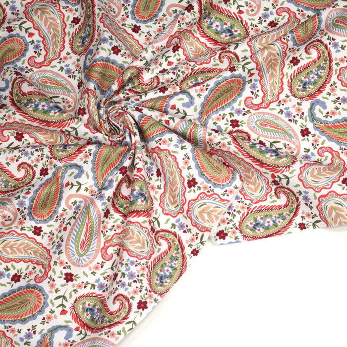 Tissu INDIENNES, gabardine coton imprimée motif cachemire coloré, fond blanc - OEKO - TEX - TissusPapi.com