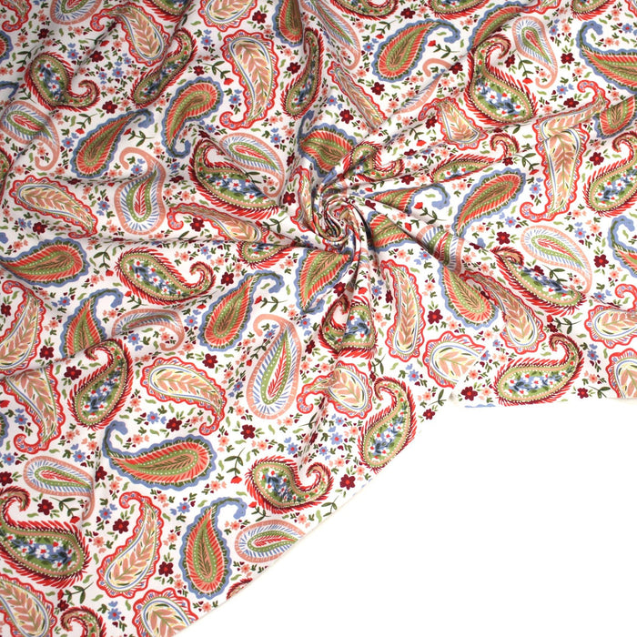 Tissu INDIENNES, gabardine coton imprimée motif cachemire coloré, fond blanc - OEKO - TEX - TissusPapi.com