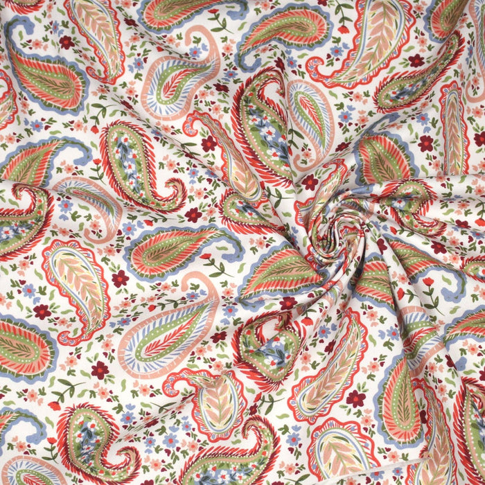 Tissu INDIENNES, gabardine coton imprimée motif cachemire coloré, fond blanc - OEKO - TEX - TissusPapi.com