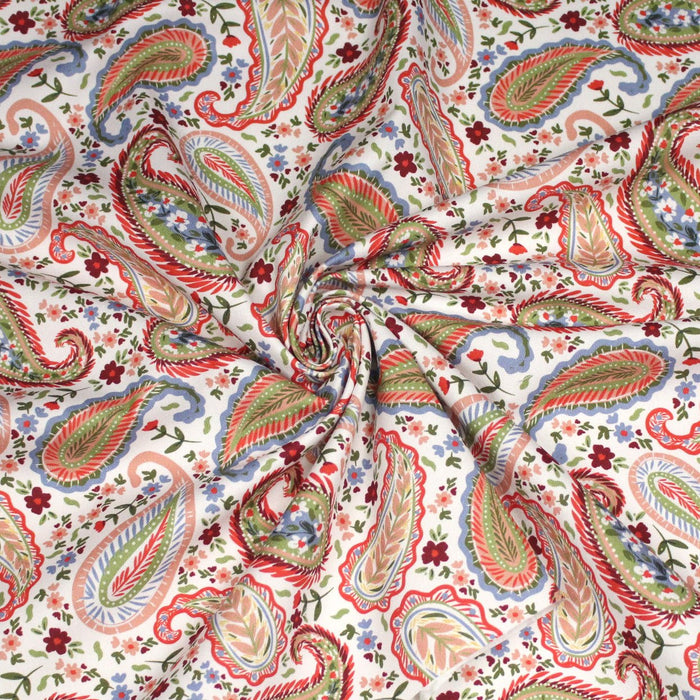 Tissu INDIENNES, gabardine coton imprimée motif cachemire coloré, fond blanc - OEKO - TEX - TissusPapi.com