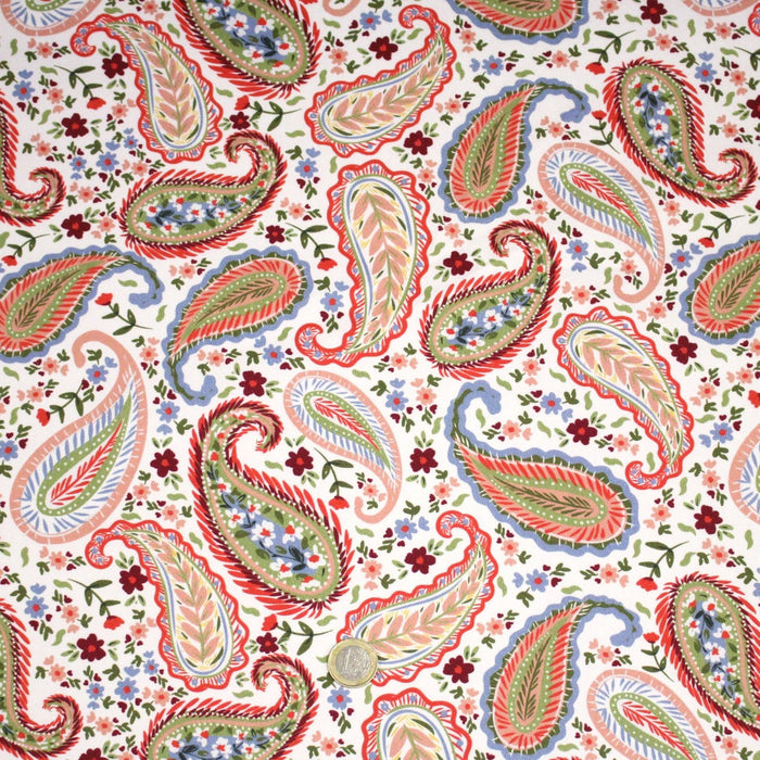 Tissu INDIENNES, gabardine coton imprimée motif cachemire coloré, fond blanc - OEKO - TEX - TissusPapi.com