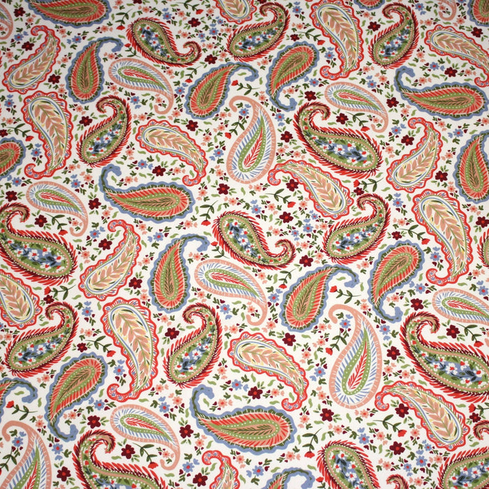 Tissu INDIENNES, gabardine coton imprimée motif cachemire coloré, fond blanc - OEKO - TEX - TissusPapi.com