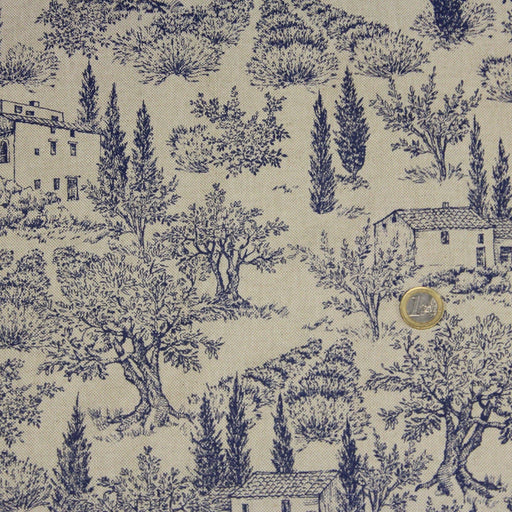 Tissu Toile de Jouy lin & motif bleu indigo - COLLECTION CAMPAGNE DE PROVENCE - TissusPapi.com