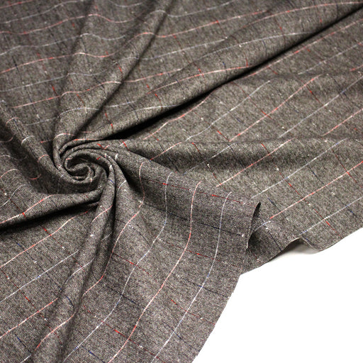 Tissu draperie caviar chocolat & écru aux fins liserés écrus, bleus et rouges - Fabrication italienne - TissusPapi.com