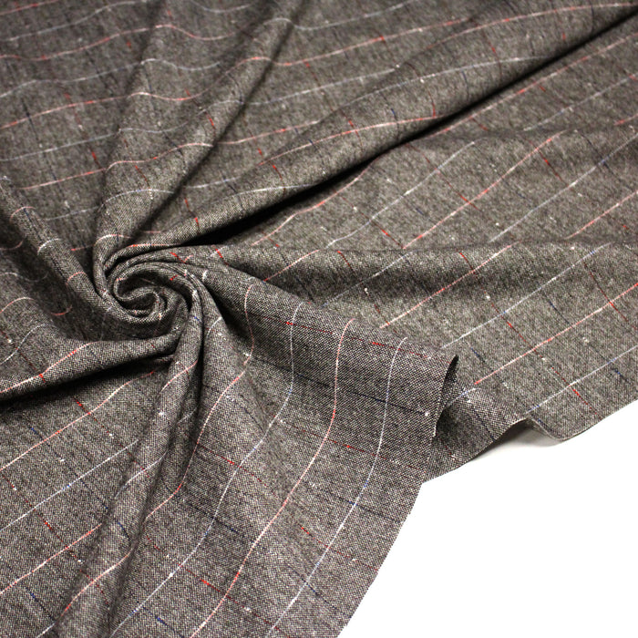 Tissu draperie caviar chocolat & écru aux fins liserés écrus, bleus et rouges - Fabrication italienne - TissusPapi.com