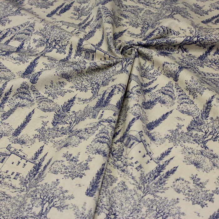 Tissu Toile de Jouy lin & motif bleu indigo - COLLECTION CAMPAGNE DE PROVENCE