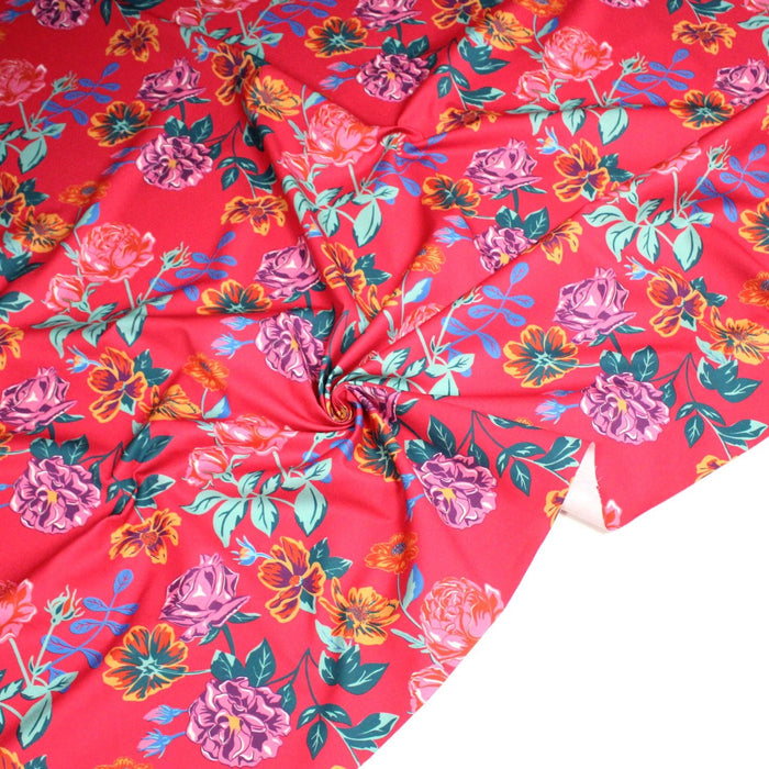Tissu gabardine coton imprimée motif fleuri, fond fuchsia - OEKO - TEX - STUDIO ALBERTUS - TissusPapi.com
