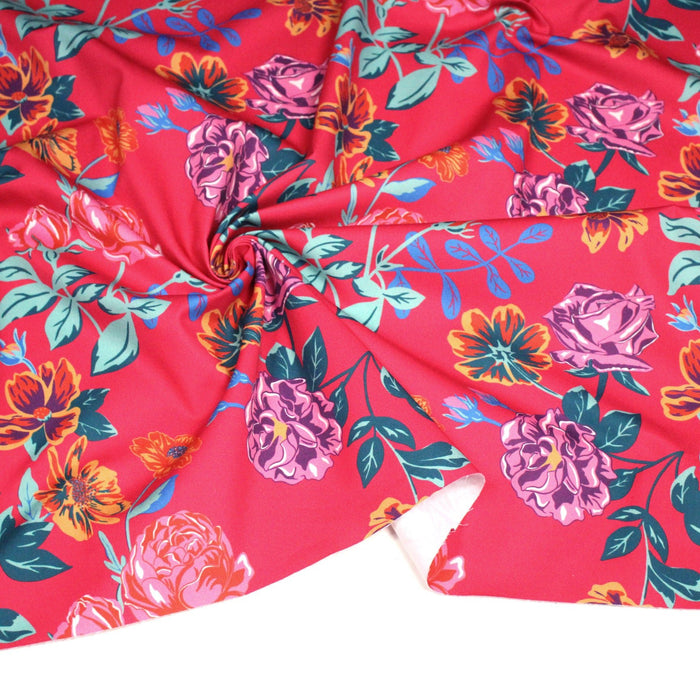 Tissu gabardine coton imprimée motif fleuri, fond fuchsia - OEKO - TEX - STUDIO ALBERTUS - TissusPapi.com