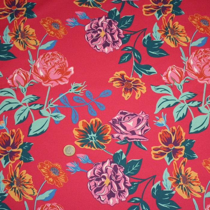 Tissu gabardine coton imprimée motif fleuri, fond fuchsia - OEKO - TEX - STUDIO ALBERTUS - TissusPapi.com