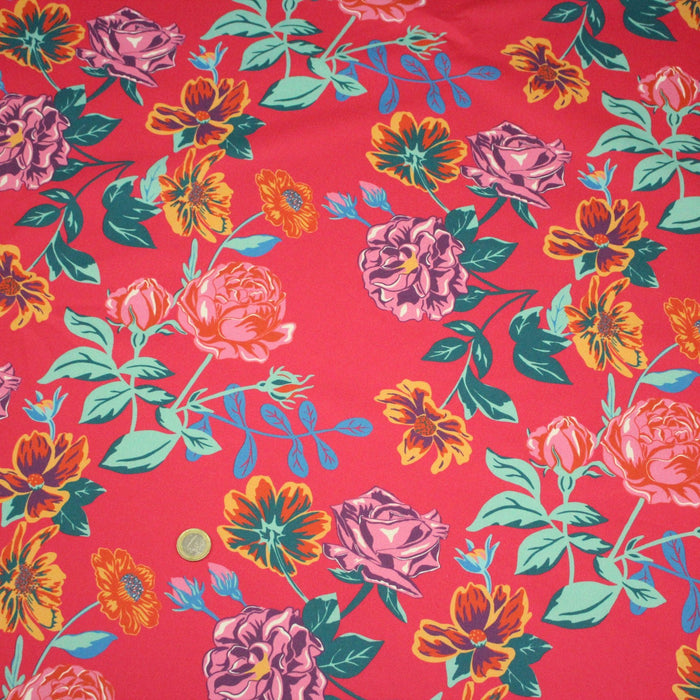 Tissu gabardine coton imprimée motif fleuri, fond fuchsia - OEKO - TEX - STUDIO ALBERTUS - TissusPapi.com