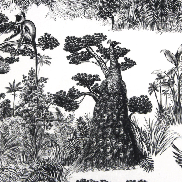 Tissu Toile de Jouy moderne noire, forêt tropicale, singes et léopards - COLLECTION ANIMALIA, par la maison Thevenon