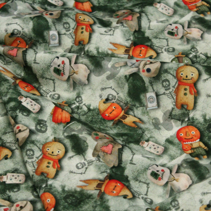 Tissu de coton Citrouilles, épouvantail et poupées vaudou - Collection Halloween - OEKO-TEX®