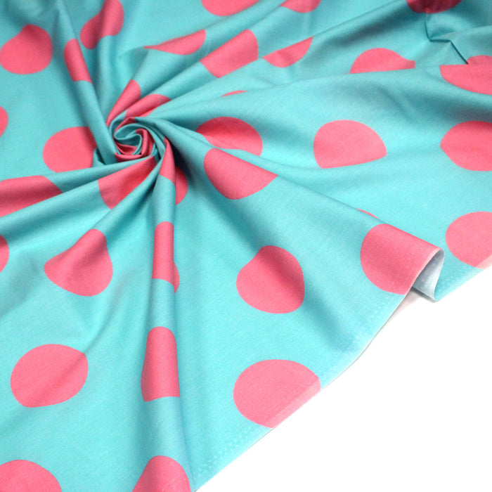 Tissu popeline de coton bleu turquoise à pois roses 52mm - COLLECTION POLKA DOT - TissusPapi.com