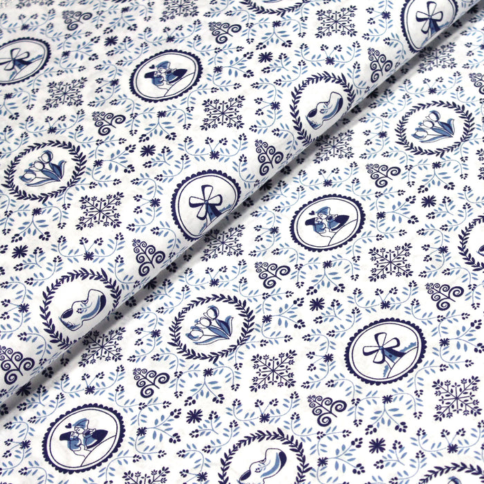 Tissu de coton Faïence de Delft, aux motifs traditionnels hollandais bleus et blancs - OEKO-TEX