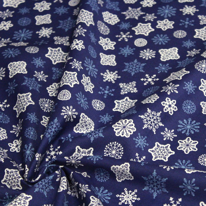 Tissu de coton de Noël bleu roi aux étoiles des neiges blanches et bleues - COLLECTION NOËL - OEKO-TEX