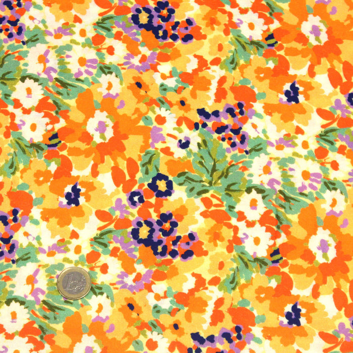Tissu Viscose fluide SILENE, motif fleuri multicolore, rose orange vert bleu blanc - OEKO-TEX