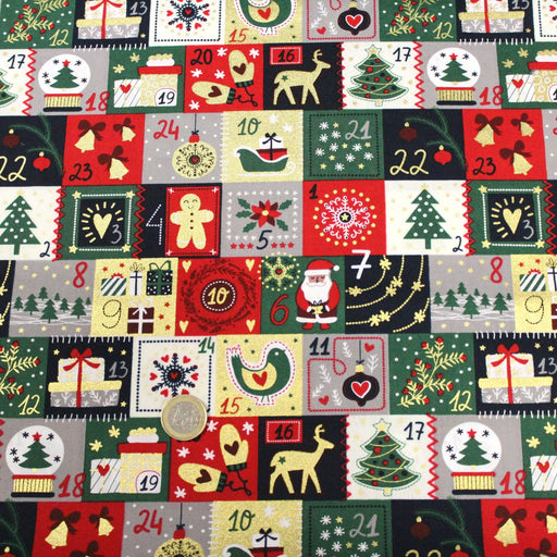 Tissu de coton de Noël La calendrier de l'Avent bleu, rouge, vert et doré - COLLECTION NOËL - OEKO - TEX - TissusPapi.com
