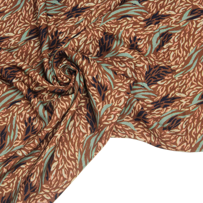 Tissu Viscose fluide KALLIS, marron aux feuilles et touches ocres et vertes - OEKO - TEX STANDARD 100 - TissusPapi.com