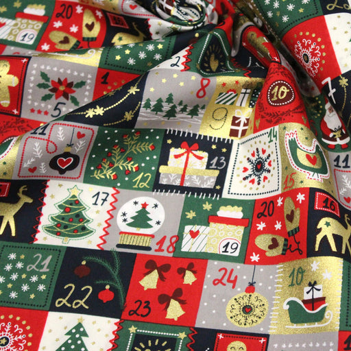 Tissu de coton de Noël La calendrier de l'Avent bleu, rouge, vert et doré - COLLECTION NOËL - OEKO - TEX - TissusPapi.com