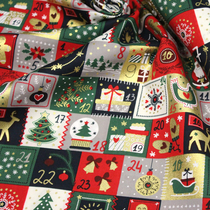 Tissu de coton de Noël La calendrier de l'Avent bleu, rouge, vert et doré - COLLECTION NOËL - OEKO - TEX - TissusPapi.com
