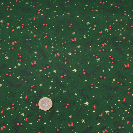 Tissu de coton de Noël vert aux branches de houx vertes et étoiles dorées - COLLECTION NOËL - OEKO - TEX - TissusPapi.com