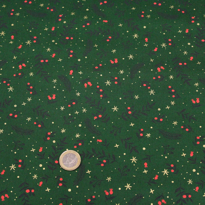 Tissu de coton de Noël vert aux branches de houx vertes et étoiles dorées - COLLECTION NOËL - OEKO - TEX - TissusPapi.com