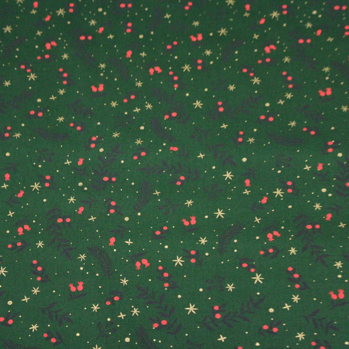 Tissu de coton de Noël vert aux branches de houx vertes et étoiles dorées - COLLECTION NOËL - OEKO - TEX - TissusPapi.com